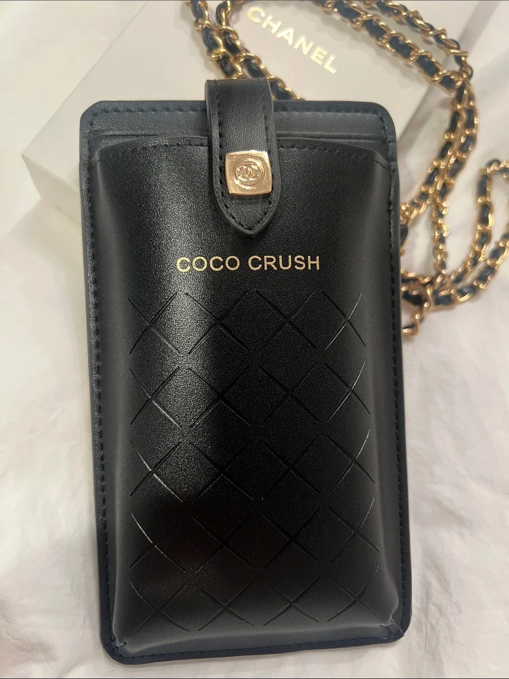 CHANEL Black Coco Crush Quilted Leather Phone Case with Gold Chain